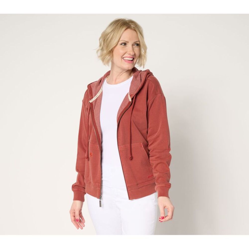 Peace Love World Women's Top Sz XL French Terry Embroidered Zip Front Red